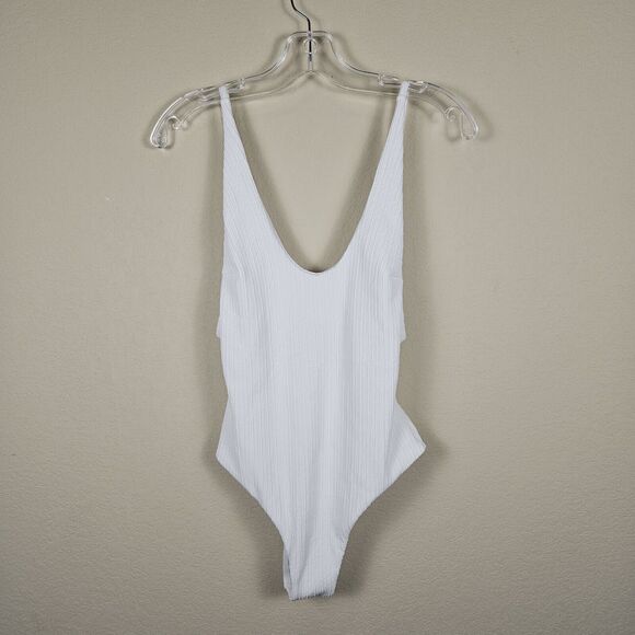 Minimalist White One Piece Swimsuit Womens M Ribbed Resort Cruise Vacation Beach - Picture 3 of 15